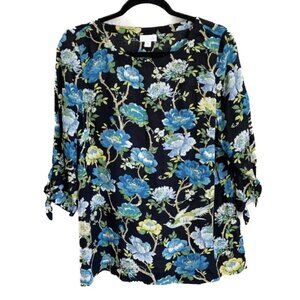J.Jill Bird Floral Flowy Tunic Top Size S Black 3/4 Tie Sleeves Dark Fairycore
